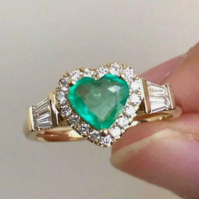 Heart Shape Green Diamond Halo Womens Wedding Engagement Ring Yellow Gold Plated