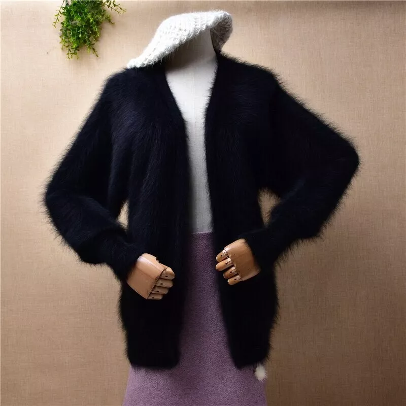 Mink cashmere mohair angora black sapphire knit fluffy sweater cardigan lux