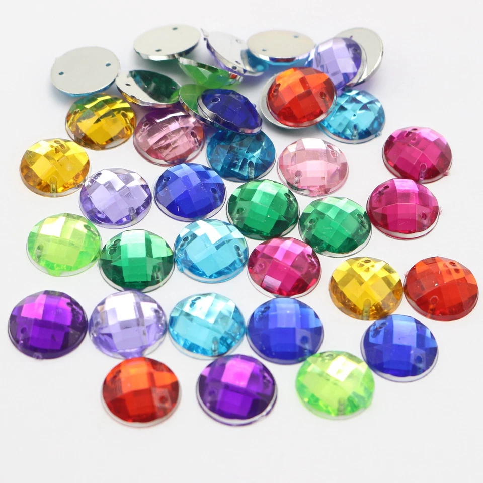 100 Flatback Acrylic Sewing Rhinestone Round Button Gems 14mm Sew on beads - Image 2 of 4