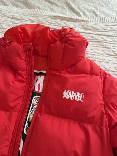 MARVEL 80th YEAR ANNIVERSARY Red Puffer Jacket Hooded Coat Men L image 2