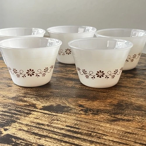 VTG Lot 5 Dynaware Pry-o-Rey Ramekin Milk Glass Custard Cups Brown Daisy Set