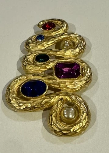 VINTAGE SNAKE BROOCH PIN WITH MUTLI COLORED STONES- Costume Jewelry