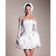 Mini Lace Appliques Wedding Dress 3D Flowers White Off Shoulder Long Sleeves