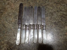 7 Vtg Meriden Cutlery Co Mother of Pearl Handles Sterling Silver Bands Knives