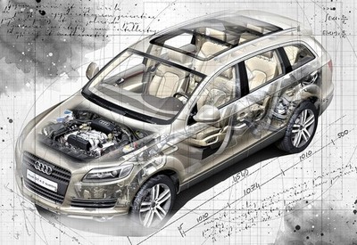 Line Tech Zeichnung Audi Q7 4.2 quattro Auto Oldtimer Cutaway Kunst Poster Druck