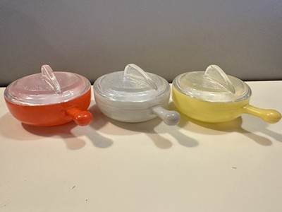 GLASBAKE #J-313 GLASS CASSEROLE BOWL SET OF 3 W/LIDS  VINTAGE 50s MCM Bakeware
