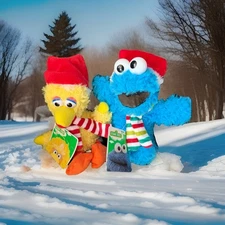 Christmas Sesame Street Backpack Plush Clips 9" Cookie & Big Bird New