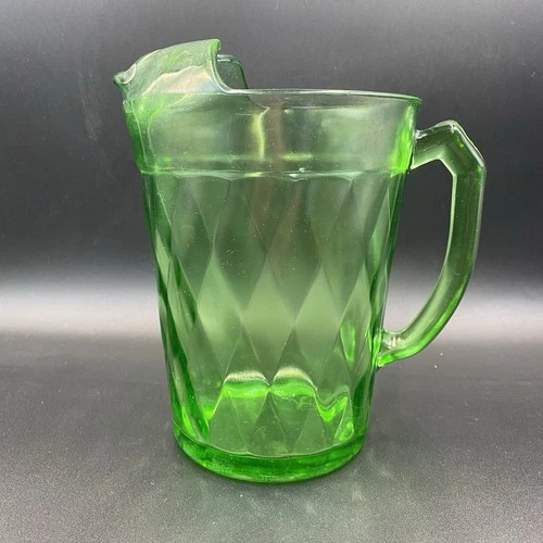 Vintage Hazel Atlas 8 Uranium Green Glass Pitcher- Diamond Pattern Depression