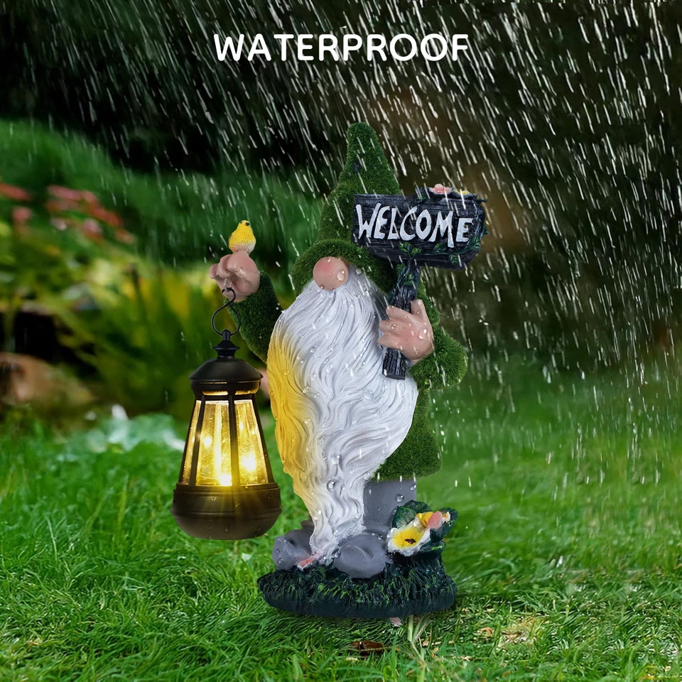 Solar-Powered Dwarf Statue with Bird & LED Lights - Waterproof Garden Decor - Image 3 of 4