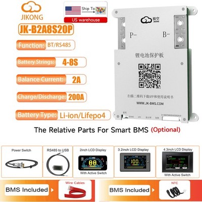 JK Smart BMS 4S-8S 12V-24V 200A Li-ion LiFePo4 BMS 2A ActiveBalance BT/RS485 lot