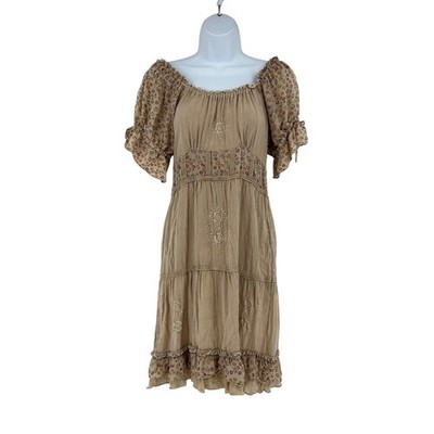 Sacred Threads Boho Embroidered Peasant Dress Puff Sleeve India Floral Small