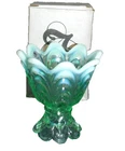Gorgeous Fenton Willow Green Opalescent 2 Way Candle Holder & Original Box! 4.5"