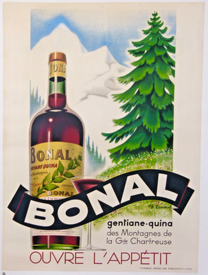 ANTIQUE LEMMEF POSTER 1938 BONAL GENTIANE-QUINA OPENS THE APPETITE Gde CHARTREUSE