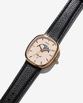 Timex Noah Moon Phase Date Gold Square Quartz Dress Watch Black Leather