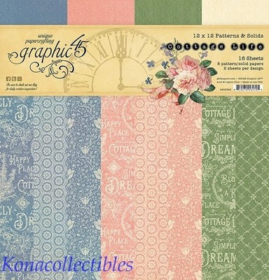 Graphic 45 Cottage Life Patterns & Solids 12x12 Pinks, Blues, Greens 16 Sheets