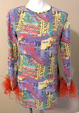 NASTYGAL Graphic Print Multicolor Sequins Sleeves w/Feathers Mini Dress sz 8 NWT