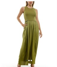 Taylor Olive Green Maxi Dress Knit Top Flowy Skirt Pockets L Minimalist