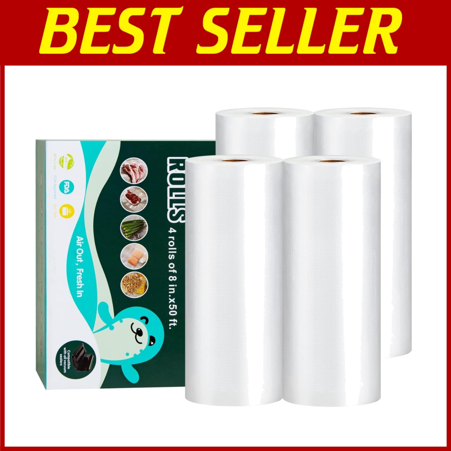 Heavy-Duty 8x50 Vacuum Sealer Bags Rolls 4-Pack for Food Storage