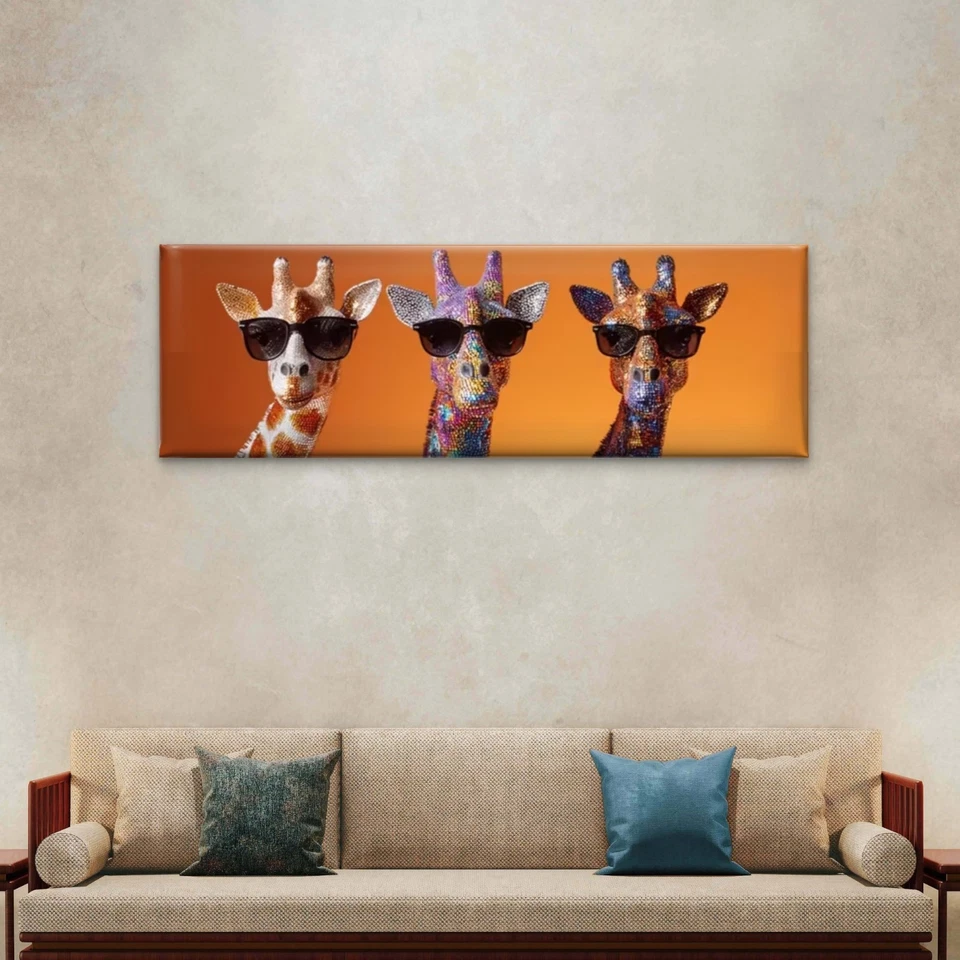Panoramic Three Giraffes with Fashion Glasses Canvas Print Wall Art Home Decor - Image 2 of 4