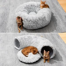 2 in 1 Cat Tunnel Cat Bed Cave w/Plush Ball Toy Collapsible Indoor Cat Donut Toy