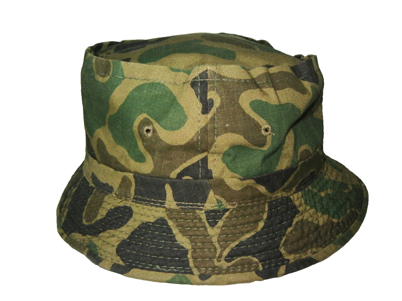 Vtg 70s 80s YR HEADWEAR Green/Brown CAMO BUCKET HAT Wide Brim Sun Hike Cap S/M