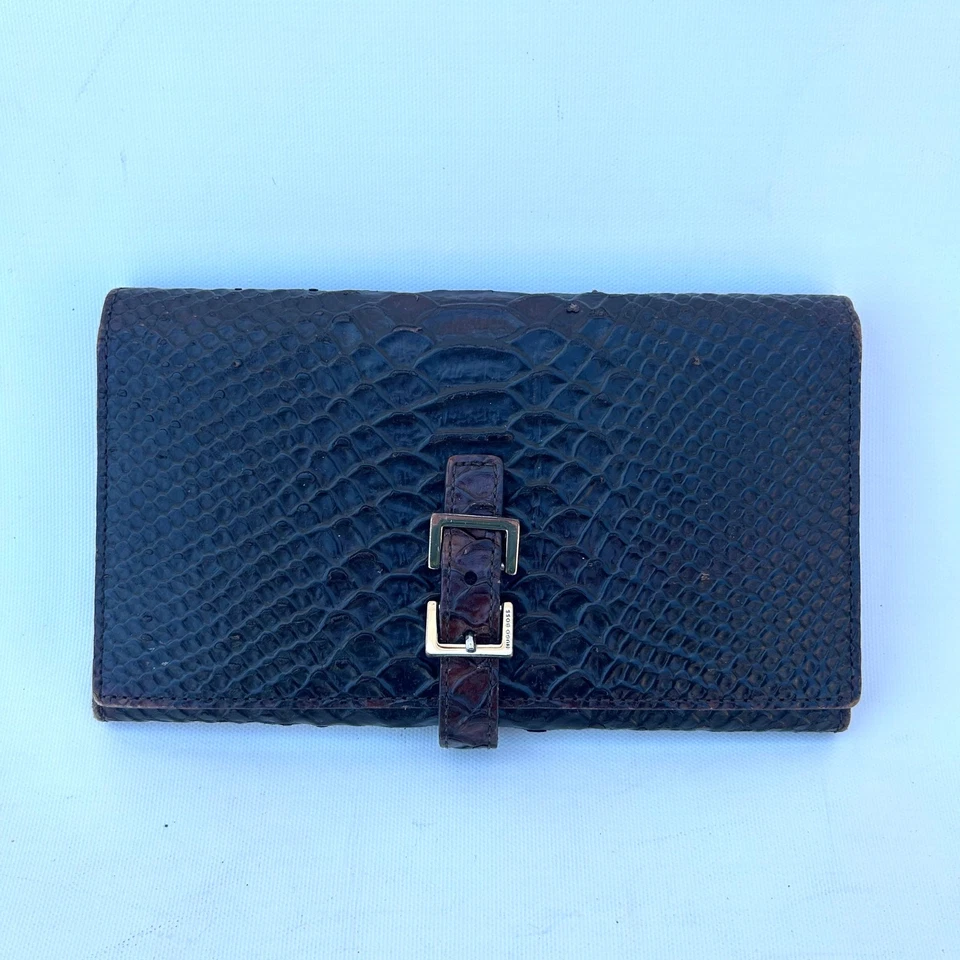 Cartera sin asas Hugo Boss vintage marrón en relieve de cocodrilo triple pliegue hebilla billetera Foto 2 de 4