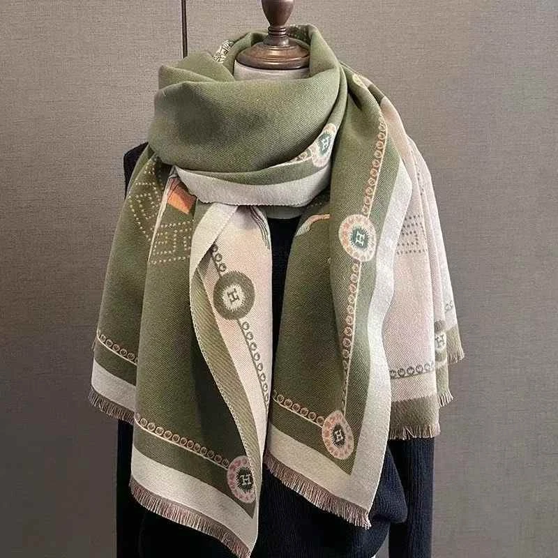 Green Equestrian Cashmere-Feel Shawl Wrap Large Horse Print - Image 2 of 3