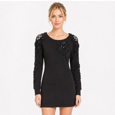 Black Beaded Floral Mini Dress Small Long Sleeve Goth Victorian Cocktail Punk