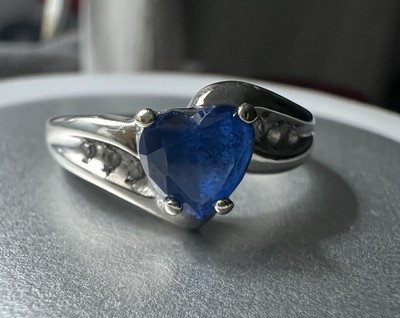 THL 10K White Gold Heart Lab-Created Sapphire & Diamond Ring Size 7
