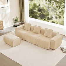 Modular L-Shape Sectional Sofa w/ Ottoman - 3-Seat Velvet Light Camel