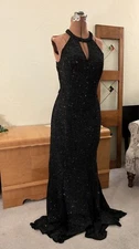 NW NIGHTWAY black sparkle metallic knit evening prom gown halter mermaid EUC 6