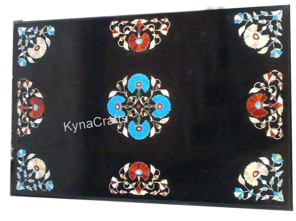 Floral Pattern Inlay Work Center Table Top Black Marble Coffee Table for Office - Image 2 of 4