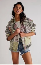 New Free People Nadia Moto Jacket Pierced Mix Print Paisley Sage Pink Black S