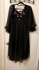 Vintage Sheer Black Night Gown with Lace, Ribbon  Beads Florals, Lined, Slits