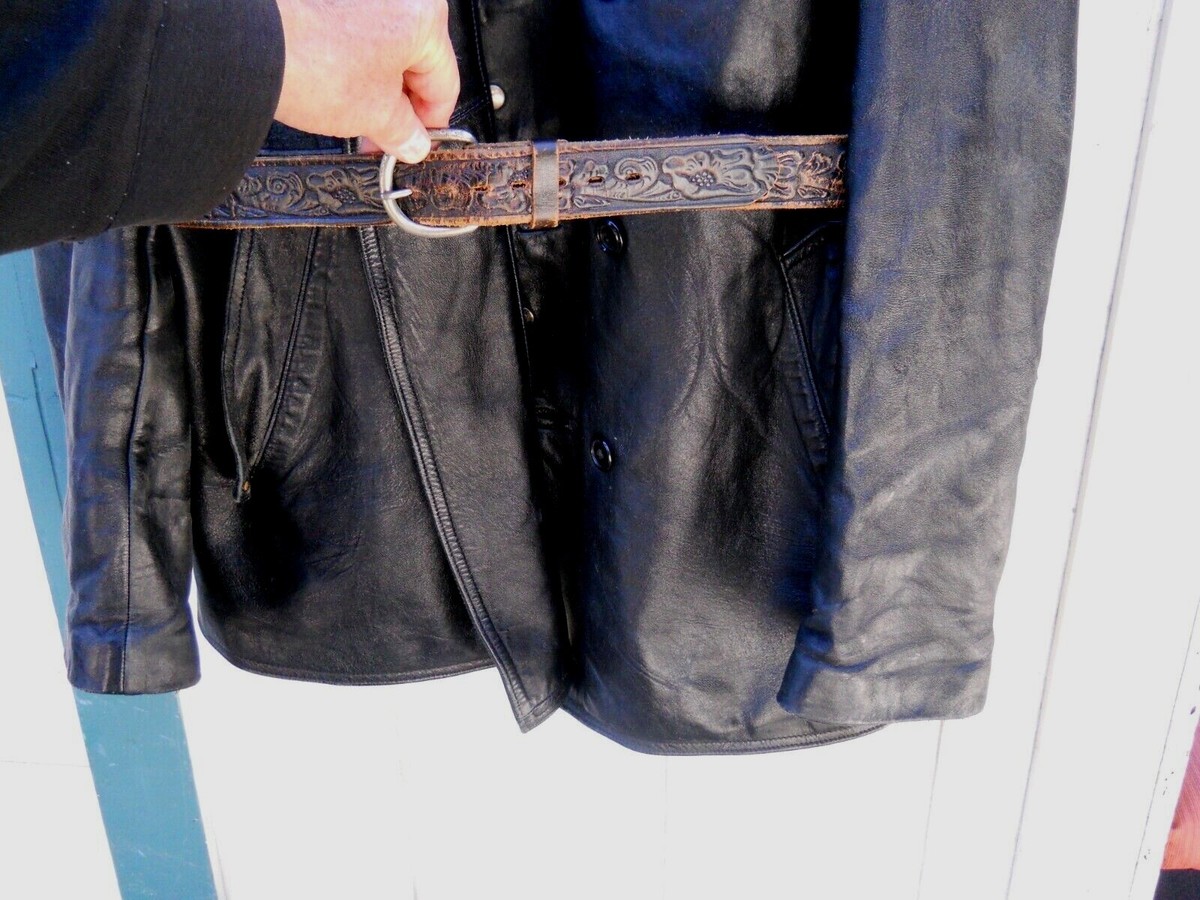 VINTAGE 60'S MEN'S BLACK HEAVY BUTTON LEATHER SPORT COAT SZ XLG