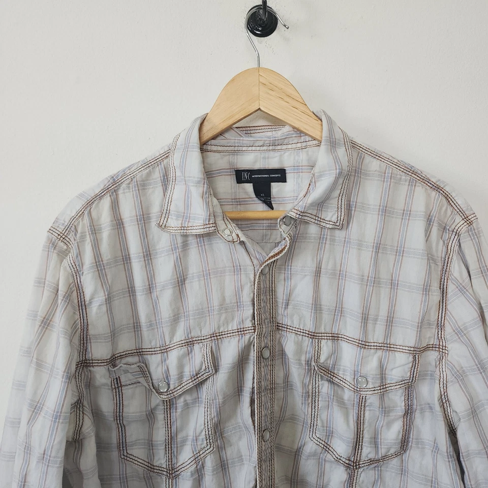Camisa para hombre Inc Pearl Snap Western blanca azul marrón XL Foto 2 de 3