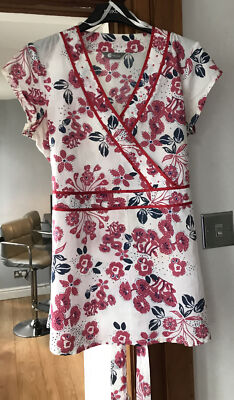 MIA MODA LADIES V-NECK IVORY BLUE & PINK FLOWERS BELTED BACK SIZE 10