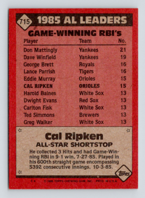 1985 Topps Card, #715 Cal Ripken, A.L. All Star, Game Winning RBI