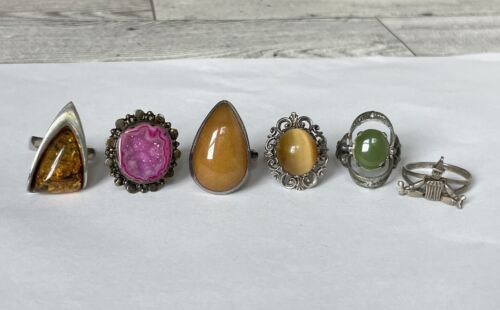 Vintage Lot of 6 Rings Signed 925 Sterling Silver Chunky Amber Tigers Eye 38g - Picture 1 of 22