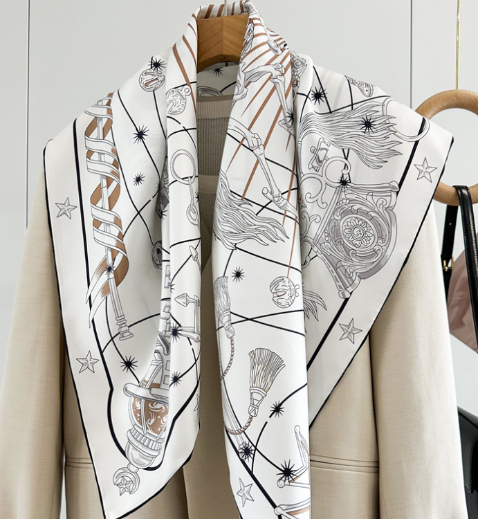 Pure 18 Momme Twill Silk Scarf Horse Print Square Shawl 35 Inch