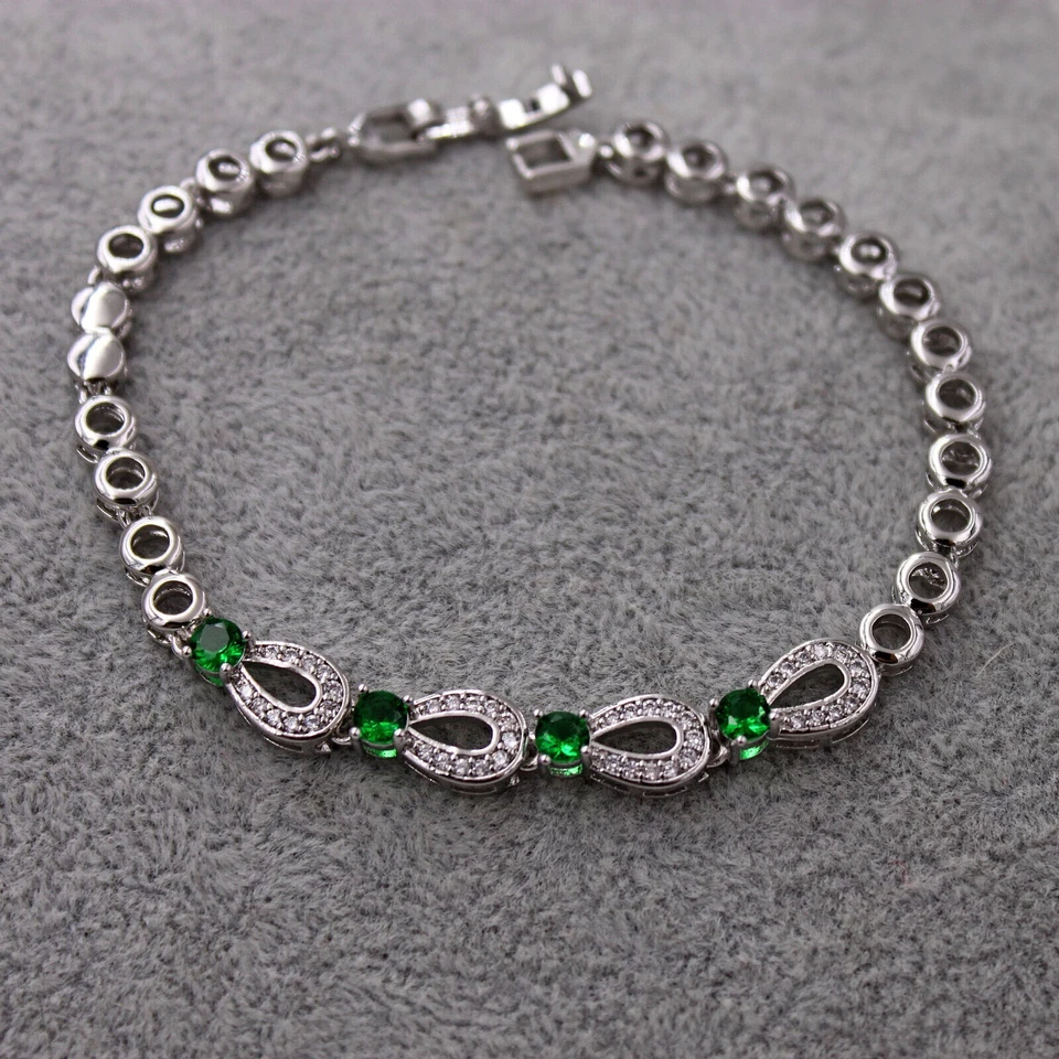 Bastante Nuevo Brazalete Estilo Tenis Eslabón Circonita Verde Relleno Oro Blanco 18K Plata 7.5" Foto 3 de 4