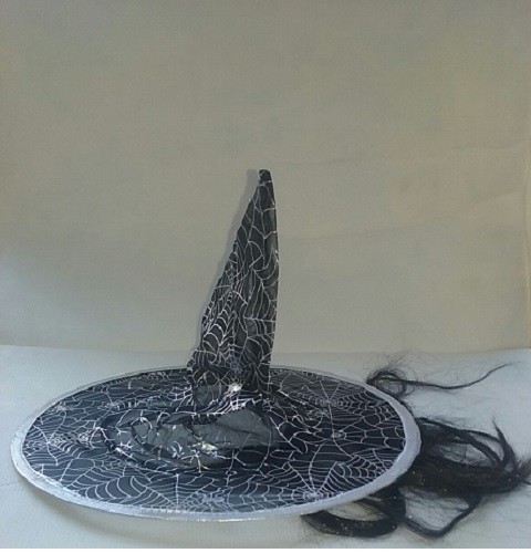 HALLOWEEN COSTUME KIDS SILVER WITCH WEB HAT 12.5" w/ BLACK WIG FAKE HAIR WIZARD - Bild 2 von 3