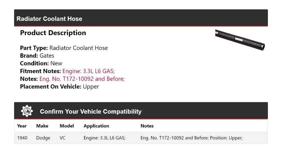 Верхние ворота шланга охлаждающей жидкости газового радиатора 1940 Dodge VC 3,3 л L6 - Изображение 2 из 4