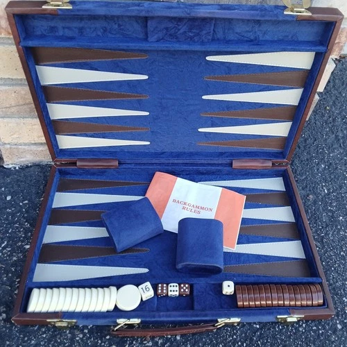 Vintage Backgammon Briefcase Set Game Folding Travel Carry Case Padded Blue