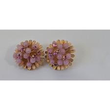 #488 Vintage Marvella Pink Beaded Rhinestone Floral Clip-On Earrings – c. 1960s