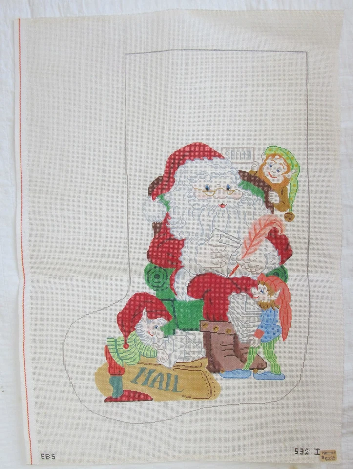 Vintage handbemalte Nadelspitze Leinwand Weihnachten Strumpf Santa Elfen Bernstein EBS