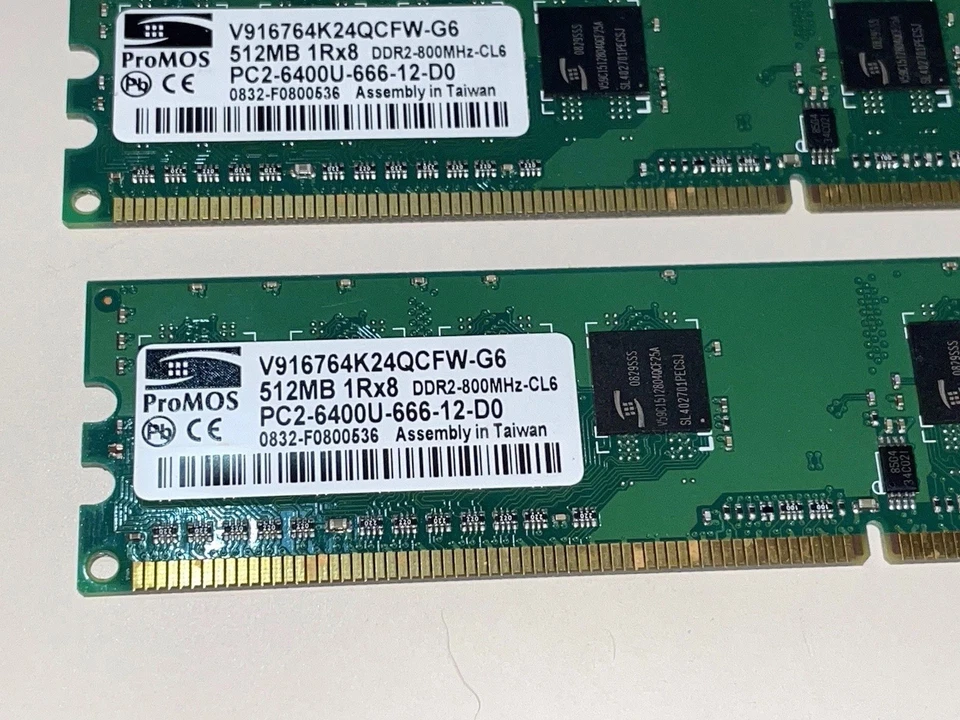 2 x ProMOS 512MB PC2-6400U-666-12-D0 (DDR2-800MHz) Desktop RAM Memory (1GB) - Image 2 of 4
