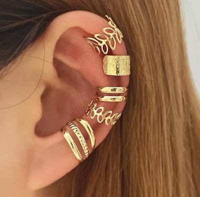 5 Piece Cute Womens Golden Non-Piercing Clip On Earrings Set Leaf Design Fairy