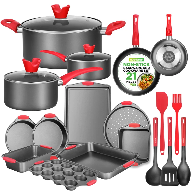 Nutrichef Non-Stick Cookware 21-Piece Set Includes Pots Pans Bakeware Cooking