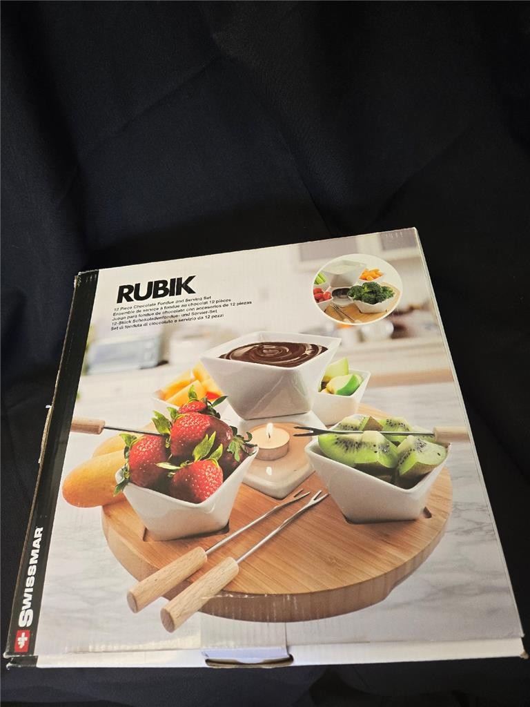 &= Swissmar Rubik 12-Piece Fondue Set Serving White Ceramic Wood Base F66329